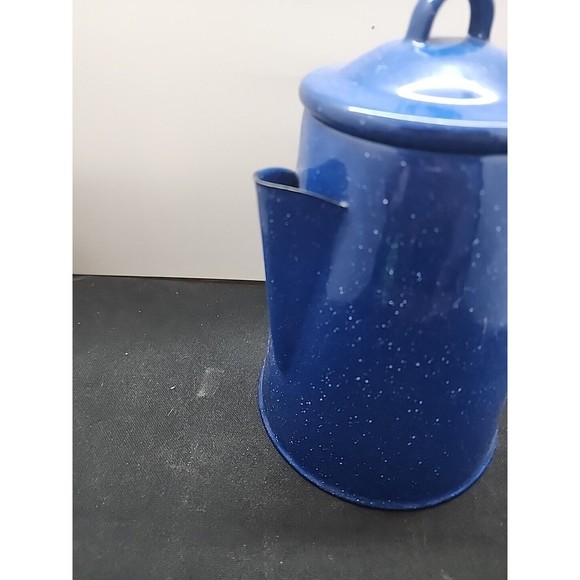 Vintage Blue/White Speckled Coffee Pot W Hinged Lid Spout Handle Camp Enamel - Picture 5 of 9